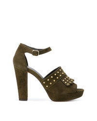 Оливковые замшевые босоножки на каблуке c бахромой