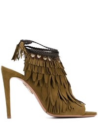 Оливковые замшевые сабо c бахромой