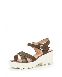 Оливковые кожаные босоножки на каблуке