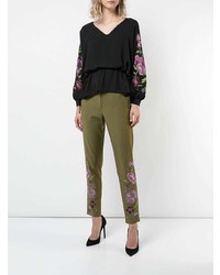 Оливковые узкие брюки с цветочным принтом от Josie Natori