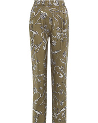 Оливковые шелковые брюки с принтом