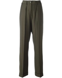 Женские оливковые шерстяные брюки со складками от MM6 MAISON MARGIELA