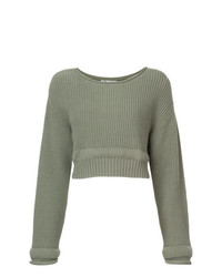 Оливковый вязаный короткий свитер от T by Alexander Wang