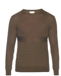 Оливковый вязаный свитер с круглым вырезом