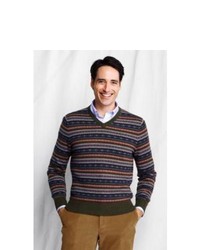 Оливковый свитер с v-образным вырезом с жаккардовым узором
