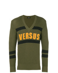 Оливковый свитер с v-образным вырезом с принтом