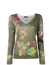 Женский оливковый свитер с v-образным вырезом с цветочным принтом от Etro