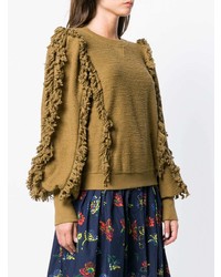 Женский оливковый свитер с круглым вырезом c бахромой от Ulla Johnson