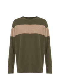 Оливковый свитер с круглым вырезом в горизонтальную полоску