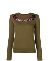 Женский оливковый свитер с круглым вырезом с вышивкой от Temperley London