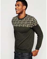 Оливковый свитер с круглым вырезом с геометрическим рисунком