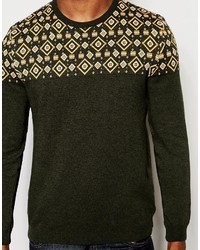 Мужской оливковый свитер с круглым вырезом с геометрическим рисунком от Asos