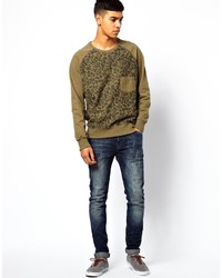 Мужской оливковый свитер с круглым вырезом с камуфляжным принтом от Solid
