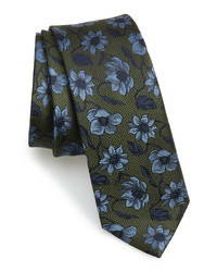 Оливковый шелковый галстук с цветочным принтом