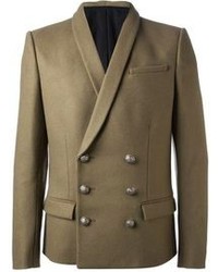 Мужской оливковый шерстяной двубортный пиджак от Balmain