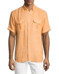 Оранжевая льняная рубашка с коротким рукавом