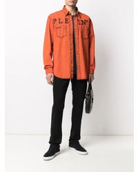 Мужская оранжевая рубашка с длинным рукавом с вышивкой от Philipp Plein