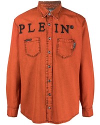 Мужская оранжевая рубашка с длинным рукавом с вышивкой от Philipp Plein