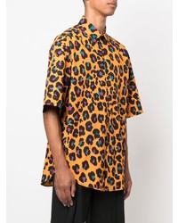 Мужская оранжевая рубашка с коротким рукавом с леопардовым принтом от Versace
