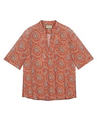 Мужская оранжевая рубашка с коротким рукавом с "огурцами" от Gucci
