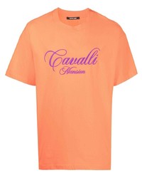 Мужская оранжевая футболка с круглым вырезом с вышивкой от Roberto Cavalli