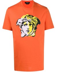 Мужская оранжевая футболка с круглым вырезом с вышивкой от Versace