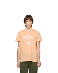 Мужская оранжевая футболка с круглым вырезом с принтом от Balmain