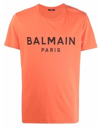 Мужская оранжевая футболка с круглым вырезом с принтом от Balmain