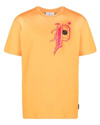 Мужская оранжевая футболка с круглым вырезом с принтом от Philipp Plein