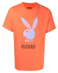 Мужская оранжевая футболка с круглым вырезом с принтом от Pleasures