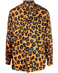 Оранжевая шелковая рубашка с длинным рукавом с леопардовым принтом