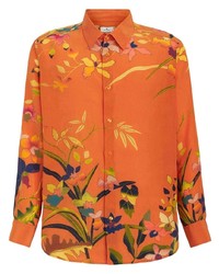Оранжевая шелковая рубашка с длинным рукавом с цветочным принтом
