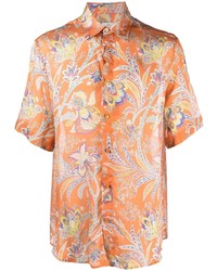 Мужская оранжевая шелковая рубашка с коротким рукавом с "огурцами" от Etro