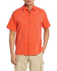 Оранжевая шелковая рубашка с коротким рукавом с цветочным принтом