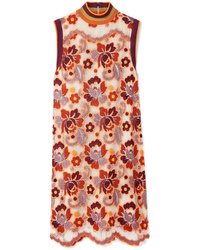 Оранжевое кружевное платье прямого кроя с цветочным принтом