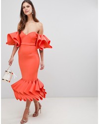Оранжевое платье-миди с рюшами от ASOS DESIGN