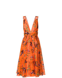 Оранжевое платье-миди с цветочным принтом от Fausto Puglisi