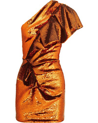 Оранжевое платье прямого кроя с пайетками с рюшами