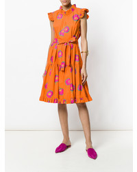 Оранжевое платье с пышной юбкой с цветочным принтом от La Doublej