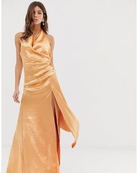Оранжевое сатиновое вечернее платье с разрезом от ASOS DESIGN