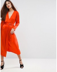 Оранжевое шелковое платье-миди