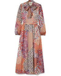 Оранжевое шелковое платье-миди с цветочным принтом