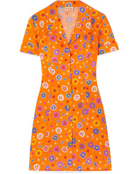 Оранжевое шелковое платье прямого кроя с цветочным принтом от LHD