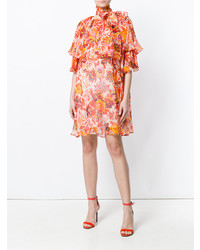 Оранжевое шифоновое платье-миди с цветочным принтом от MSGM