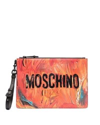 Мужской оранжевый кожаный мужской клатч с принтом от Moschino