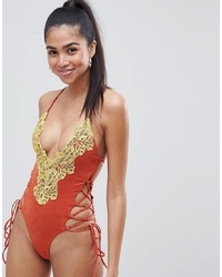 Оранжевый кружевной купальник