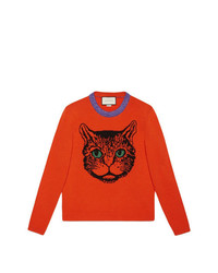 Женский оранжевый свитер с круглым вырезом с принтом от Gucci