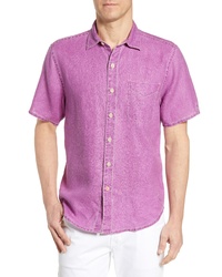 Пурпурная льняная рубашка с коротким рукавом