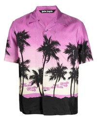 Мужская пурпурная шелковая рубашка с коротким рукавом с принтом от Palm Angels