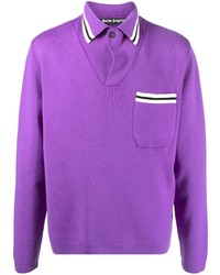 Пурпурный шерстяной свитер с воротником поло в горизонтальную полоску